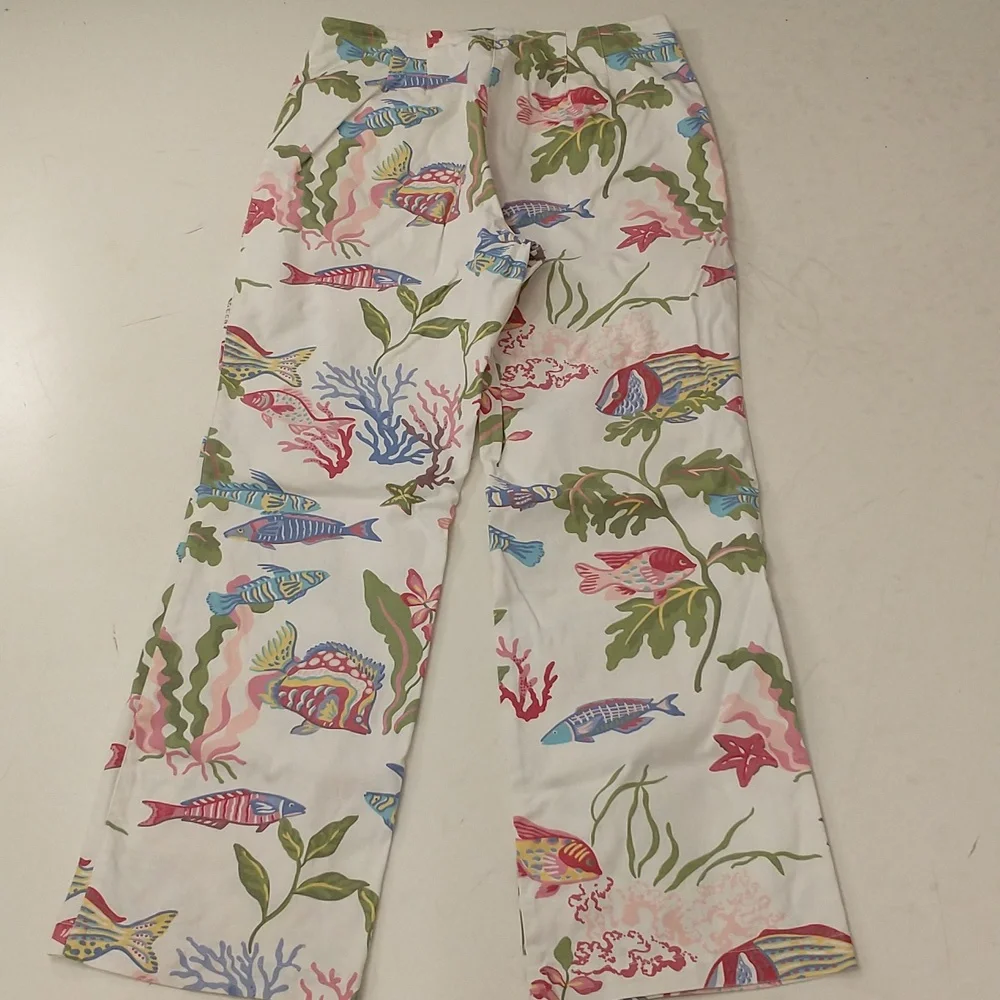 Tropical Fish in Coral Vintage 90s Cotton Pants Pastel On White w Stretch SeeMes - Picture 3 of 12